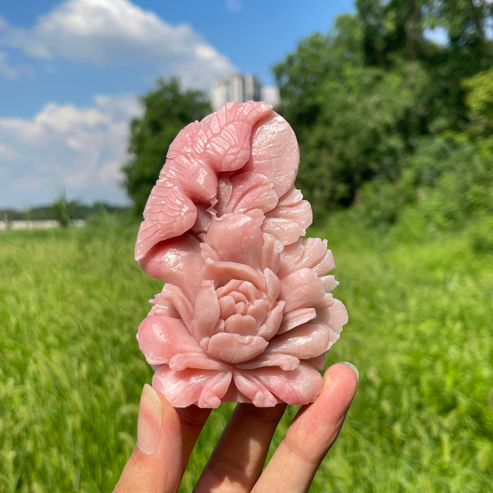 Unique,A Slightly Imperfect Natural Crystal Pink Opal Flower And Bird Carving