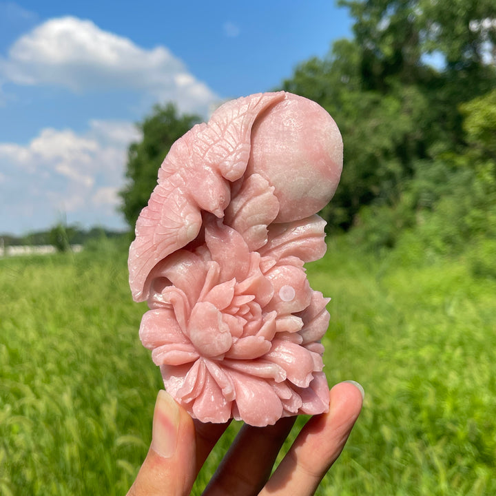 Unique,A Slightly Imperfect Natural Crystal Pink Opal Flower And Bird Carving