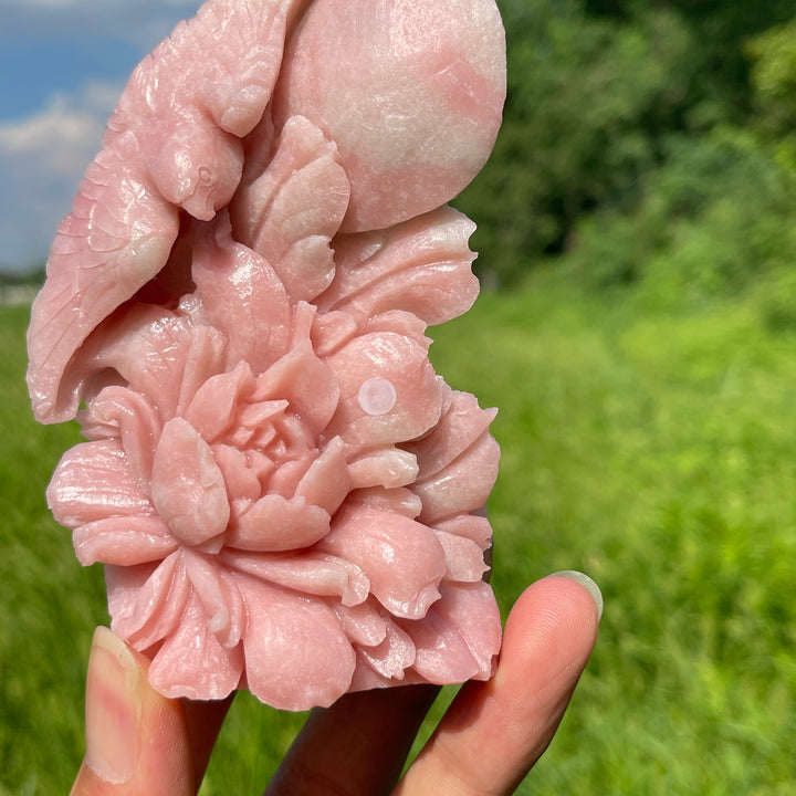 Unique,A Slightly Imperfect Natural Crystal Pink Opal Flower And Bird Carving