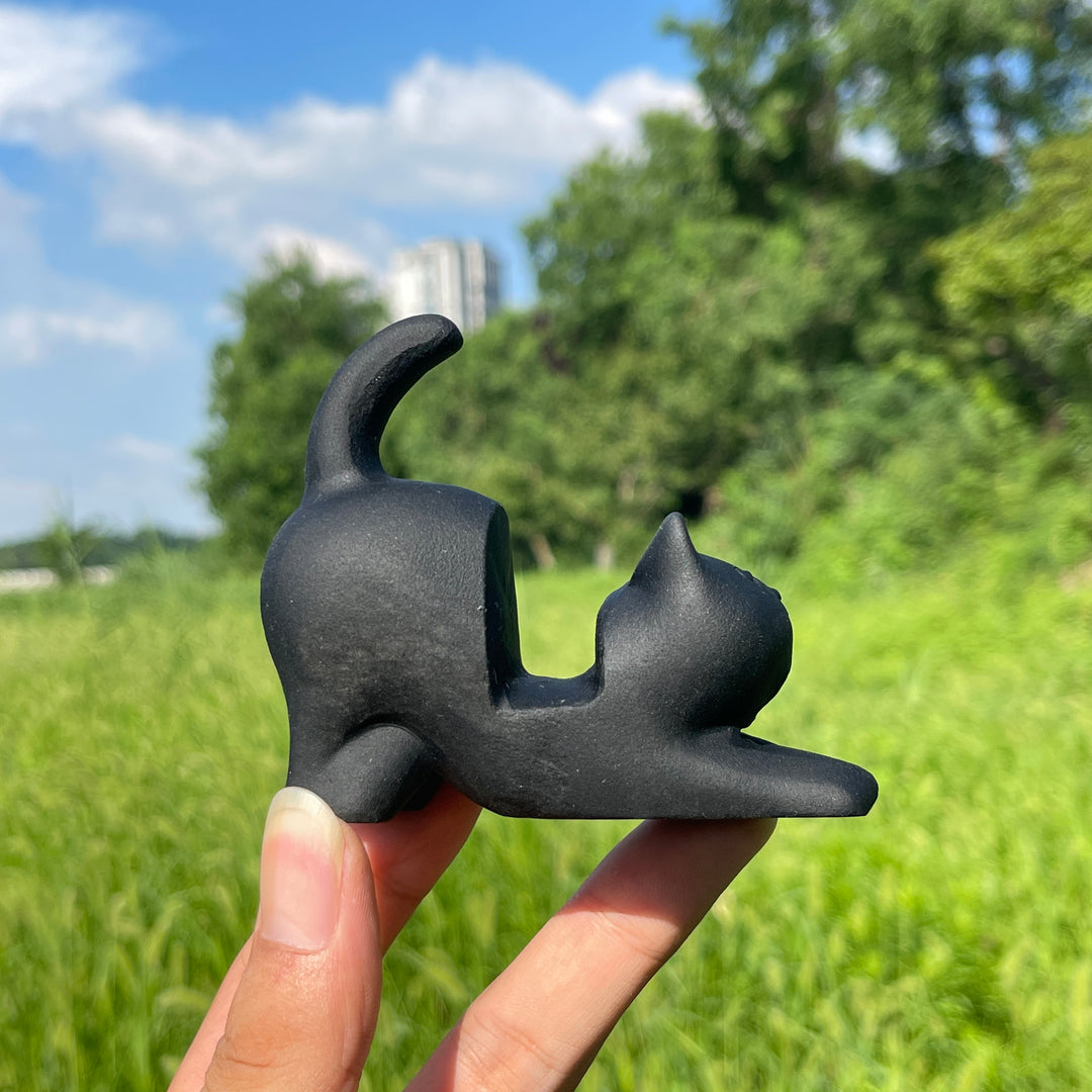Natural Crystal Black Obsidian Cat Phone Holder
