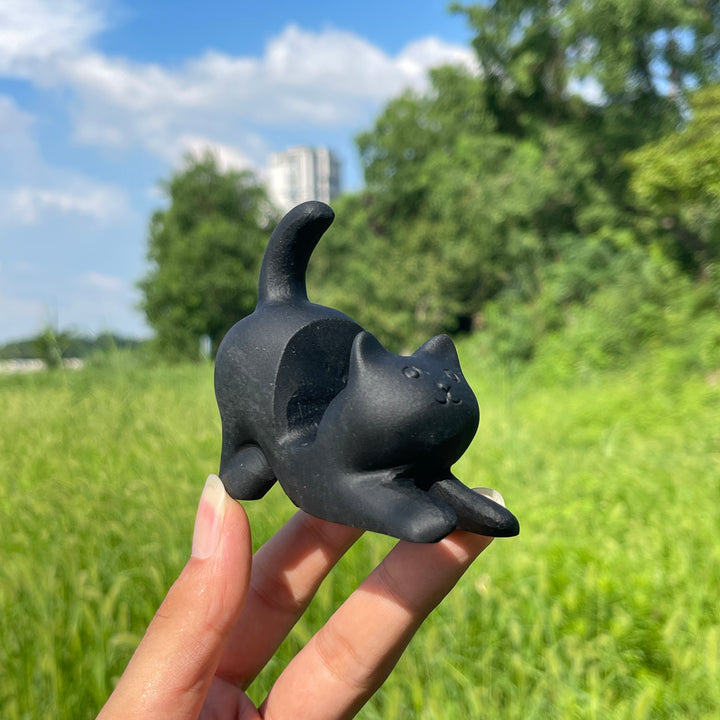 Natural Crystal Black Obsidian Cat Phone Holder