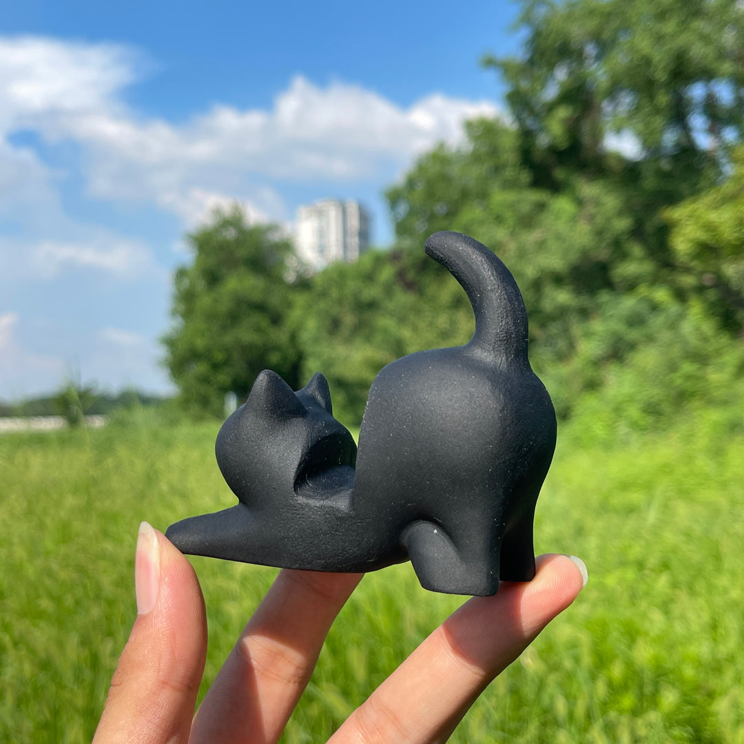 Natural Crystal Black Obsidian Cat Phone Holder