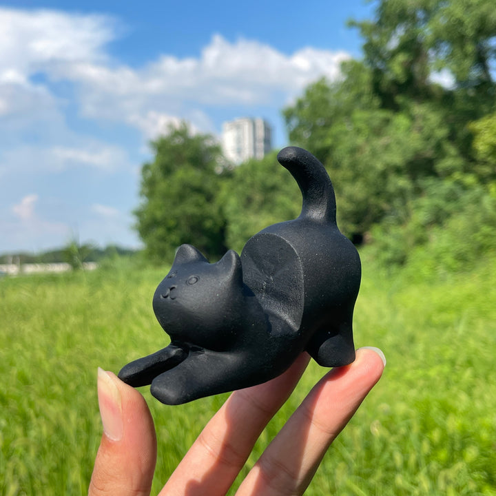 Natural Crystal Black Obsidian Cat Phone Holder