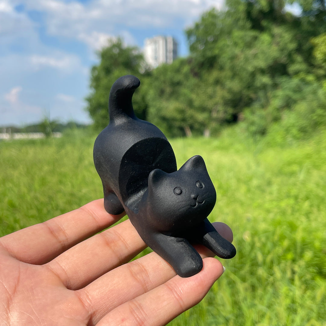 Natural Crystal Black Obsidian Cat Phone Holder