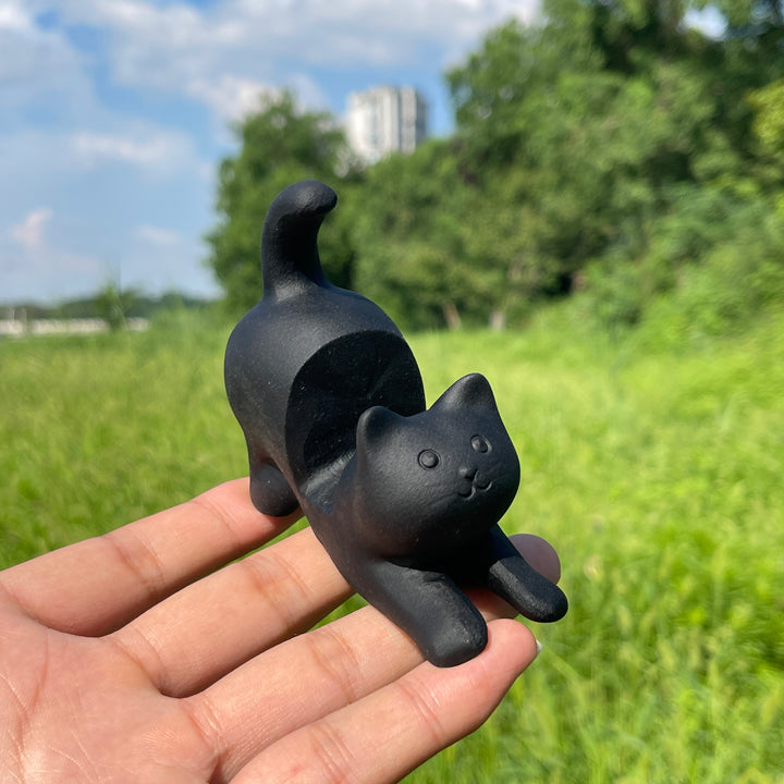 Natural Crystal Black Obsidian Cat Phone Holder