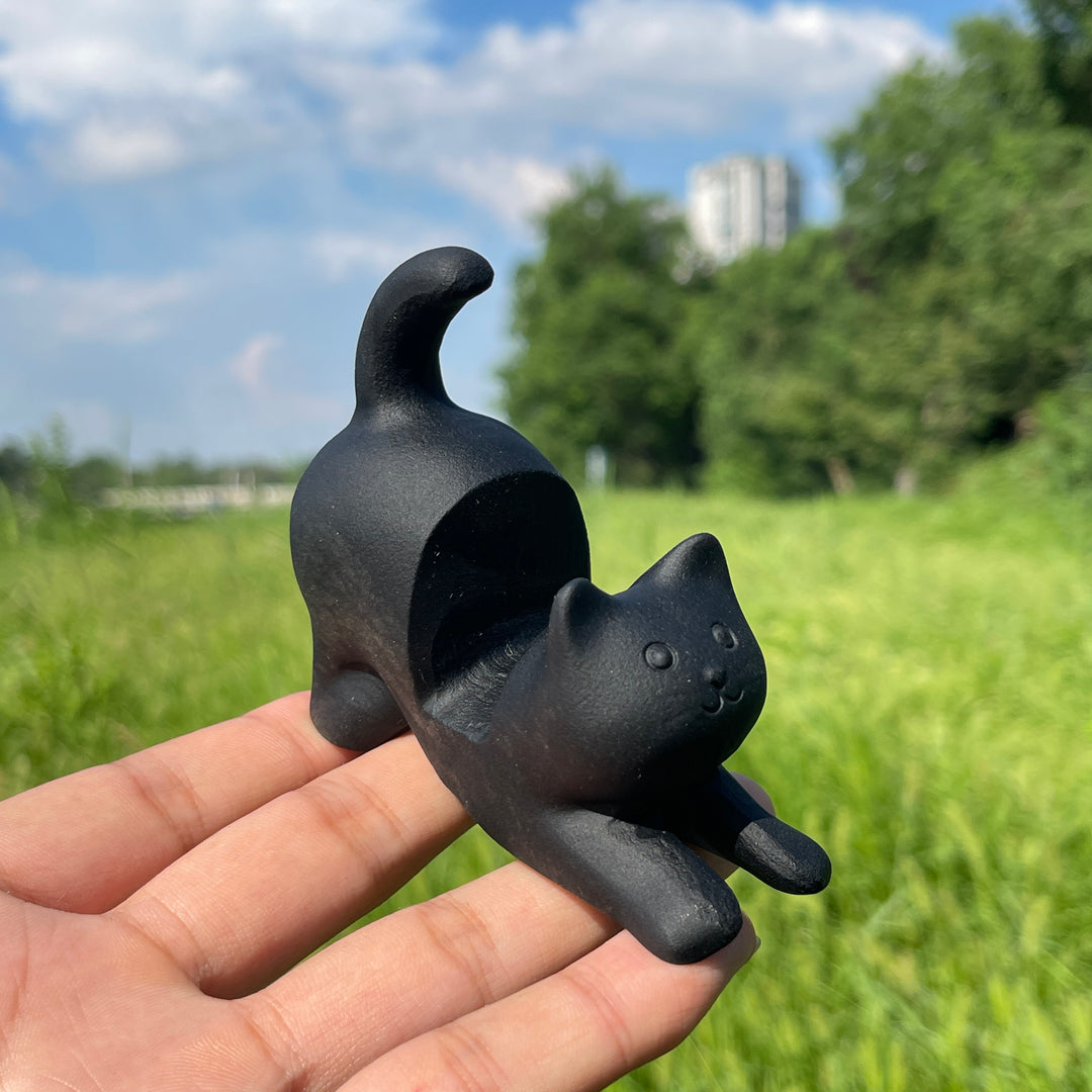 Natural Crystal Black Obsidian Cat Phone Holder