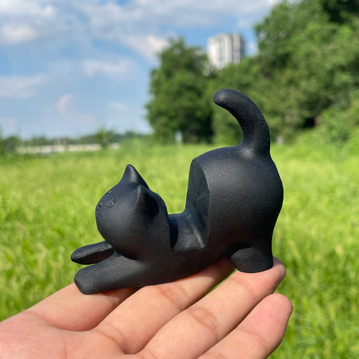 Natural Crystal Black Obsidian Cat Phone Holder