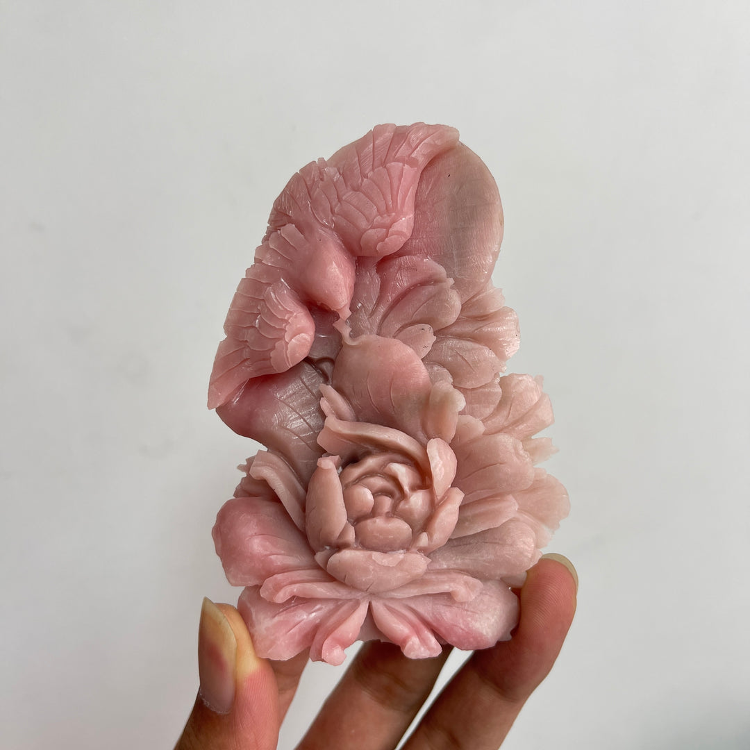 Unique,A Slightly Imperfect Natural Crystal Pink Opal Flower And Bird Carving
