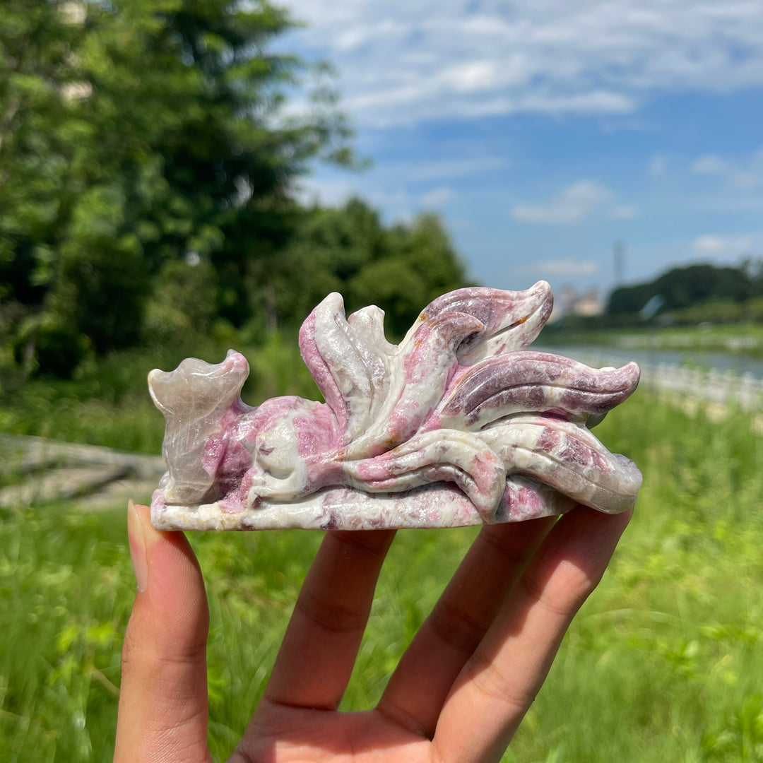 Unique,A Slightly Imperfect Natural Plum Tourmaline Nine-Tailed Fox Carving
