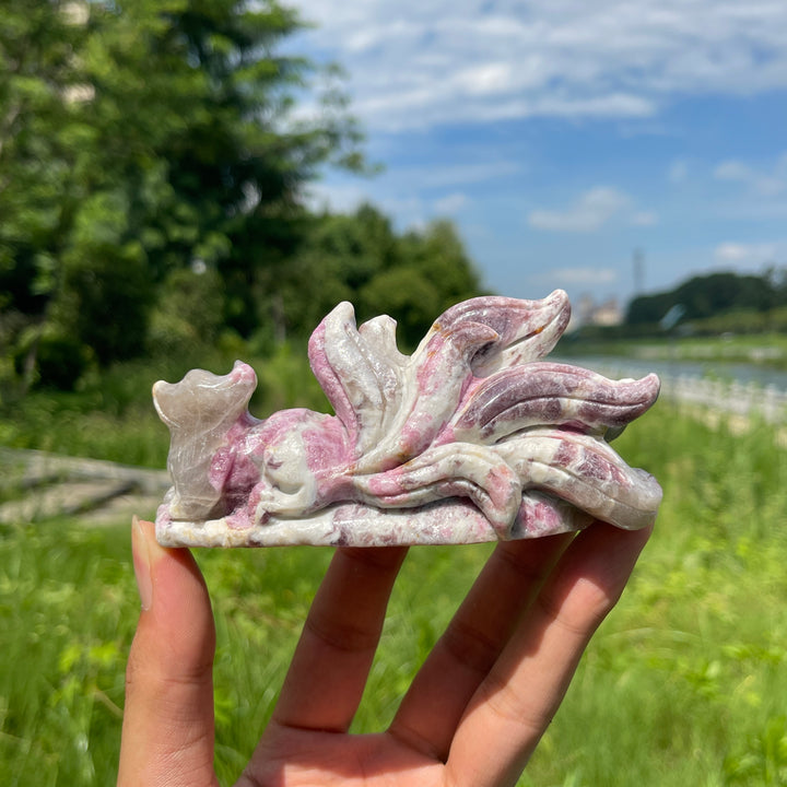 Unique,A Slightly Imperfect Natural Plum Tourmaline Nine-Tailed Fox Carving