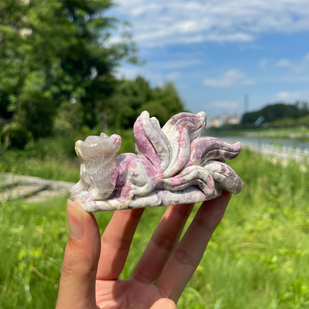 Unique,A Slightly Imperfect Natural Plum Tourmaline Nine-Tailed Fox Carving