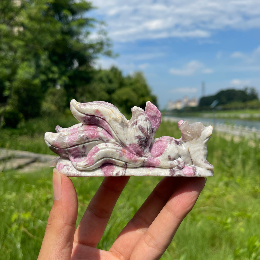 Unique,A Slightly Imperfect Natural Plum Tourmaline Nine-Tailed Fox Carving