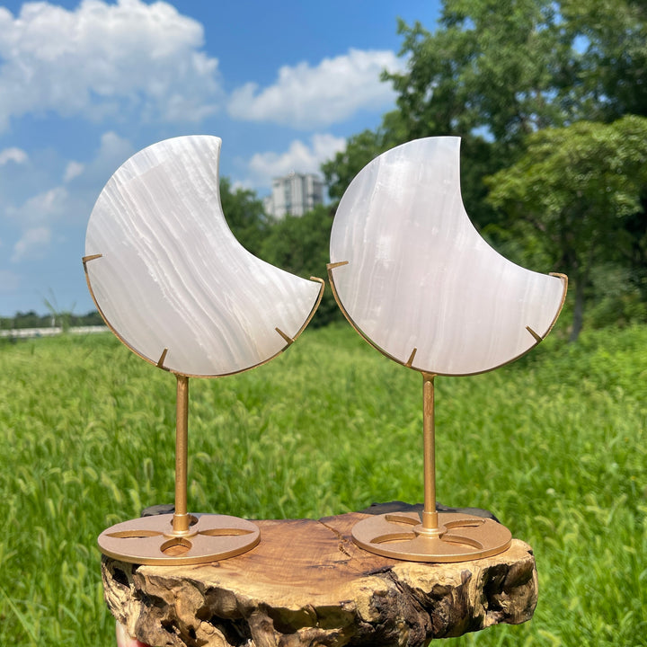 Unique,Natural Crystal Pink Calcite Moon With Stand
