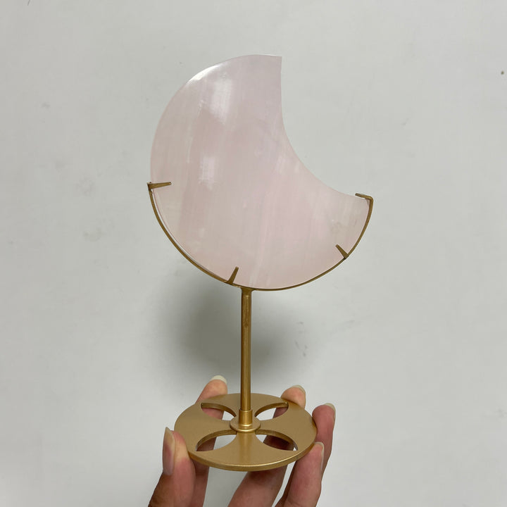 Unique,Natural Crystal Pink Calcite Moon With Stand