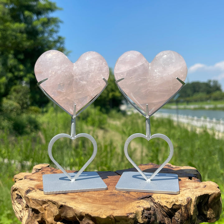 Unique,Natural Crystal Rose Quartz Heart With Stand