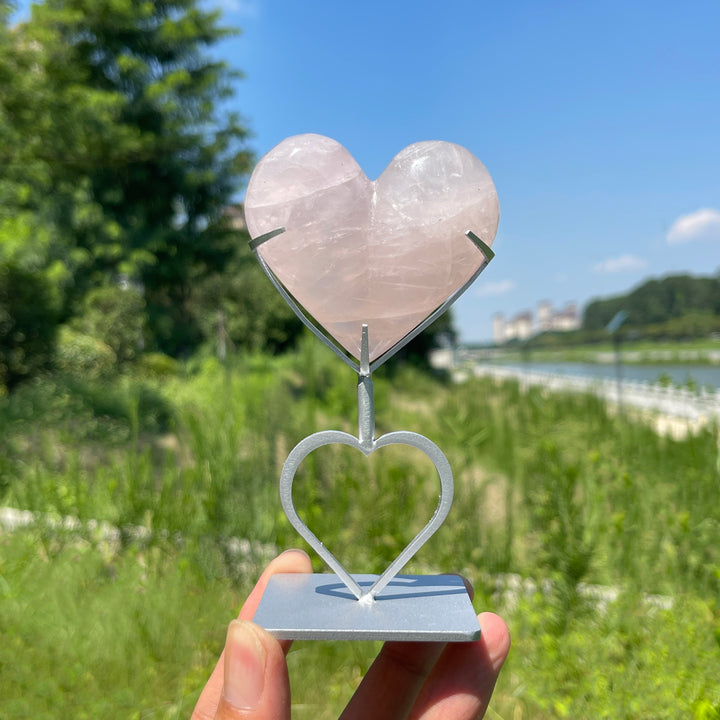 Unique,Natural Crystal Rose Quartz Heart With Stand