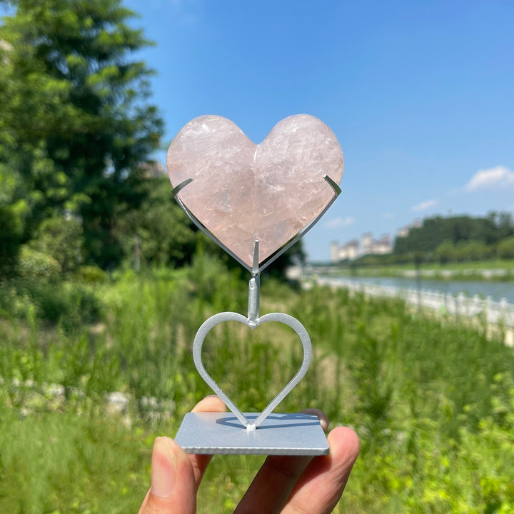 Unique,Natural Crystal Rose Quartz Heart With Stand