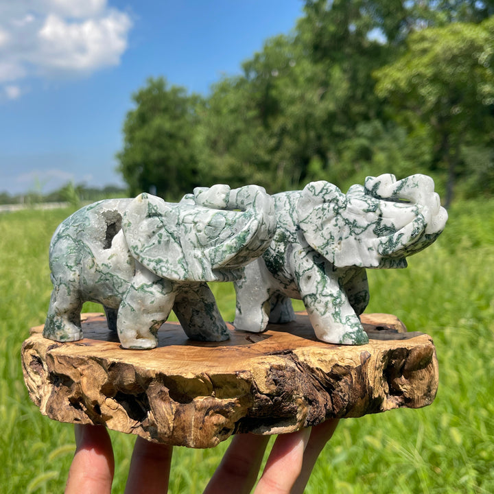 Unique,Natural Crystal Moss Agate Elephant Carving