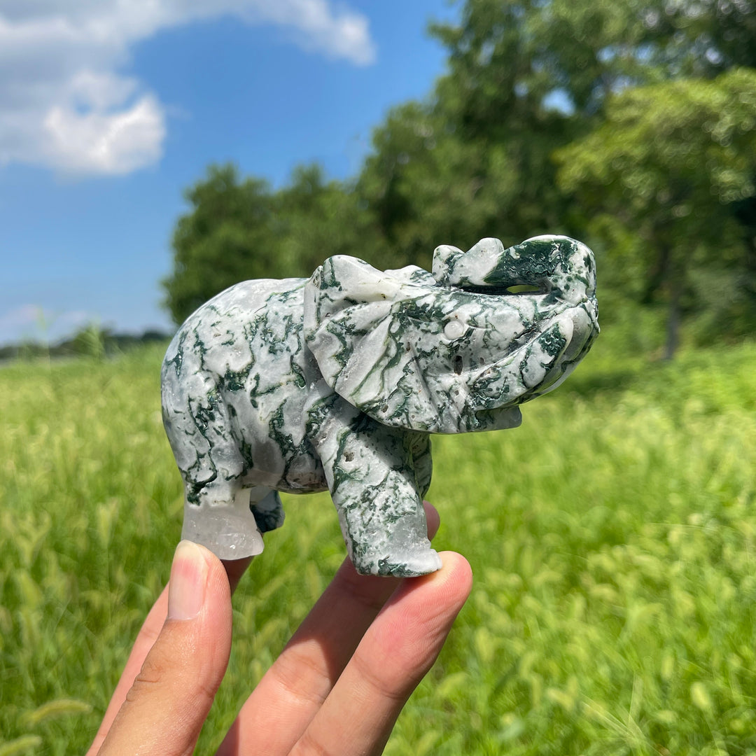 Unique,Natural Crystal Moss Agate Elephant Carving