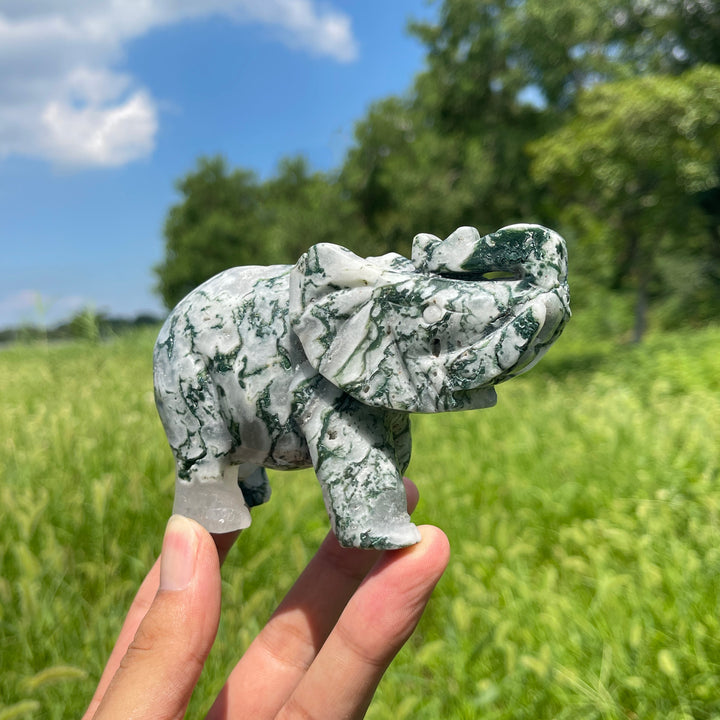 Unique,Natural Crystal Moss Agate Elephant Carving