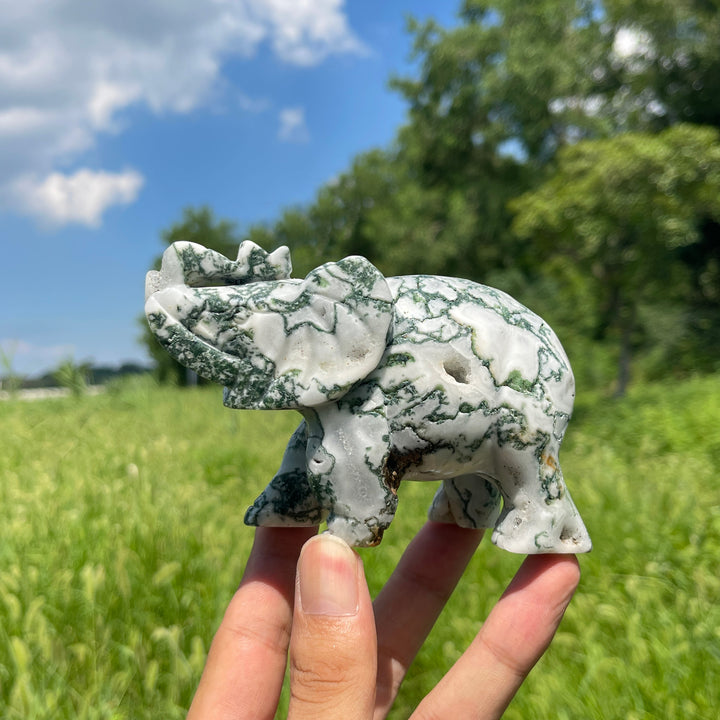 Unique,Natural Crystal Moss Agate Elephant Carving