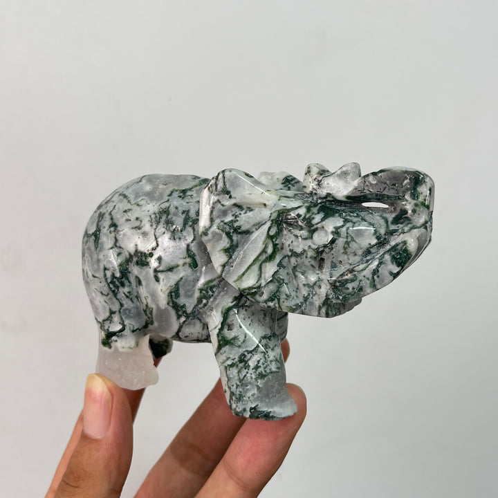 Unique,Natural Crystal Moss Agate Elephant Carving