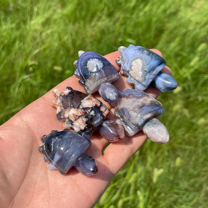 Natural Cute Blue Flower Agate Crystal Carving Sea Turtle