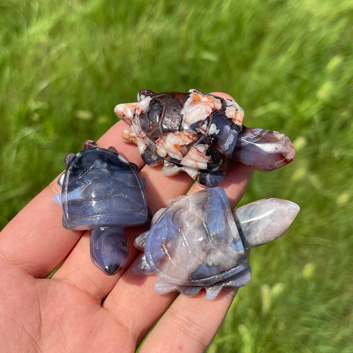 Natural Cute Blue Flower Agate Crystal Carving Sea Turtle
