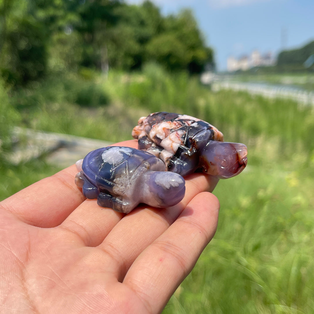 Natural Cute Blue Flower Agate Crystal Carving Sea Turtle