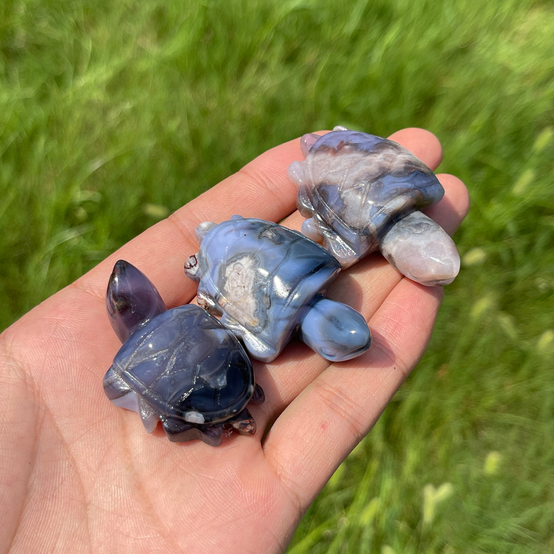 Natural Cute Blue Flower Agate Crystal Carving Sea Turtle