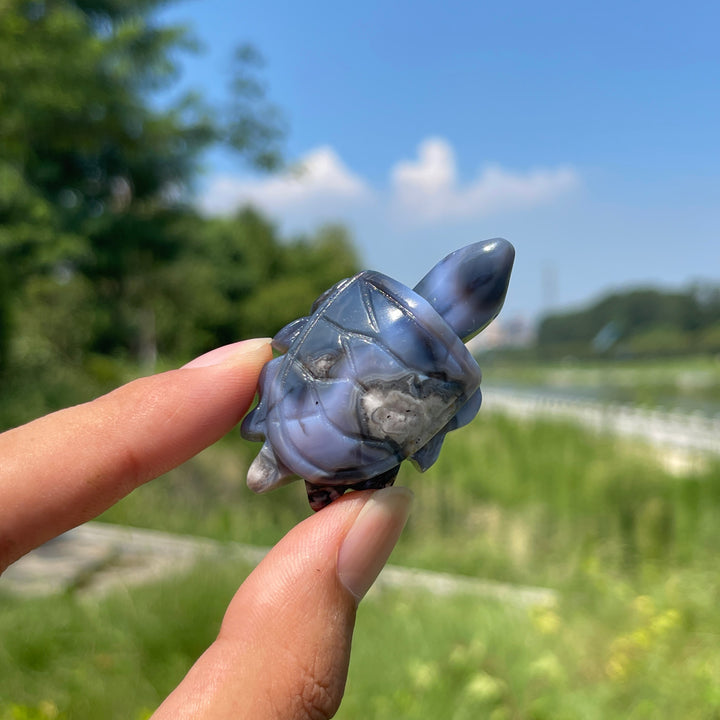 Natural Cute Blue Flower Agate Crystal Carving Sea Turtle