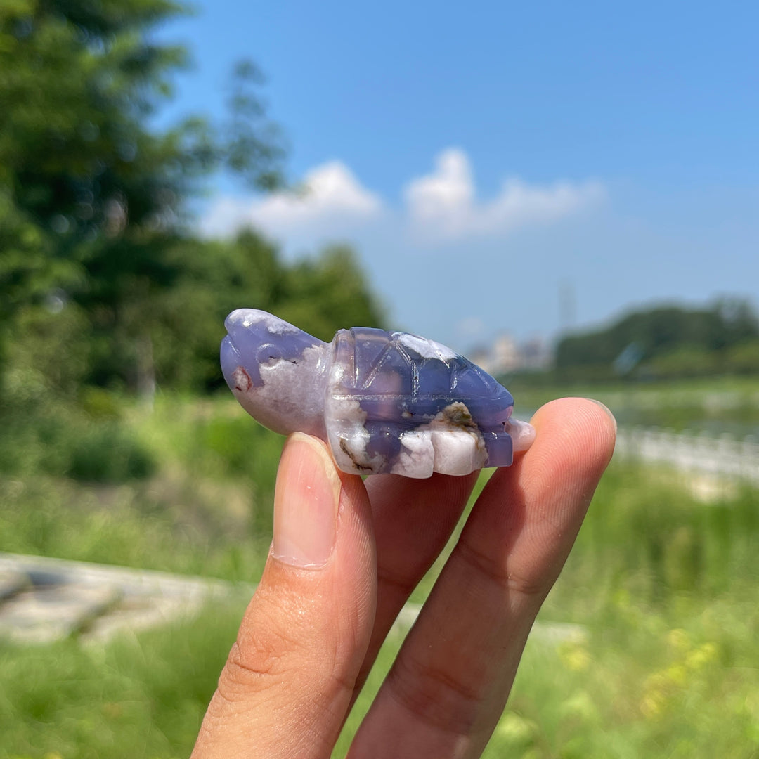 Natural Cute Blue Flower Agate Crystal Carving Sea Turtle