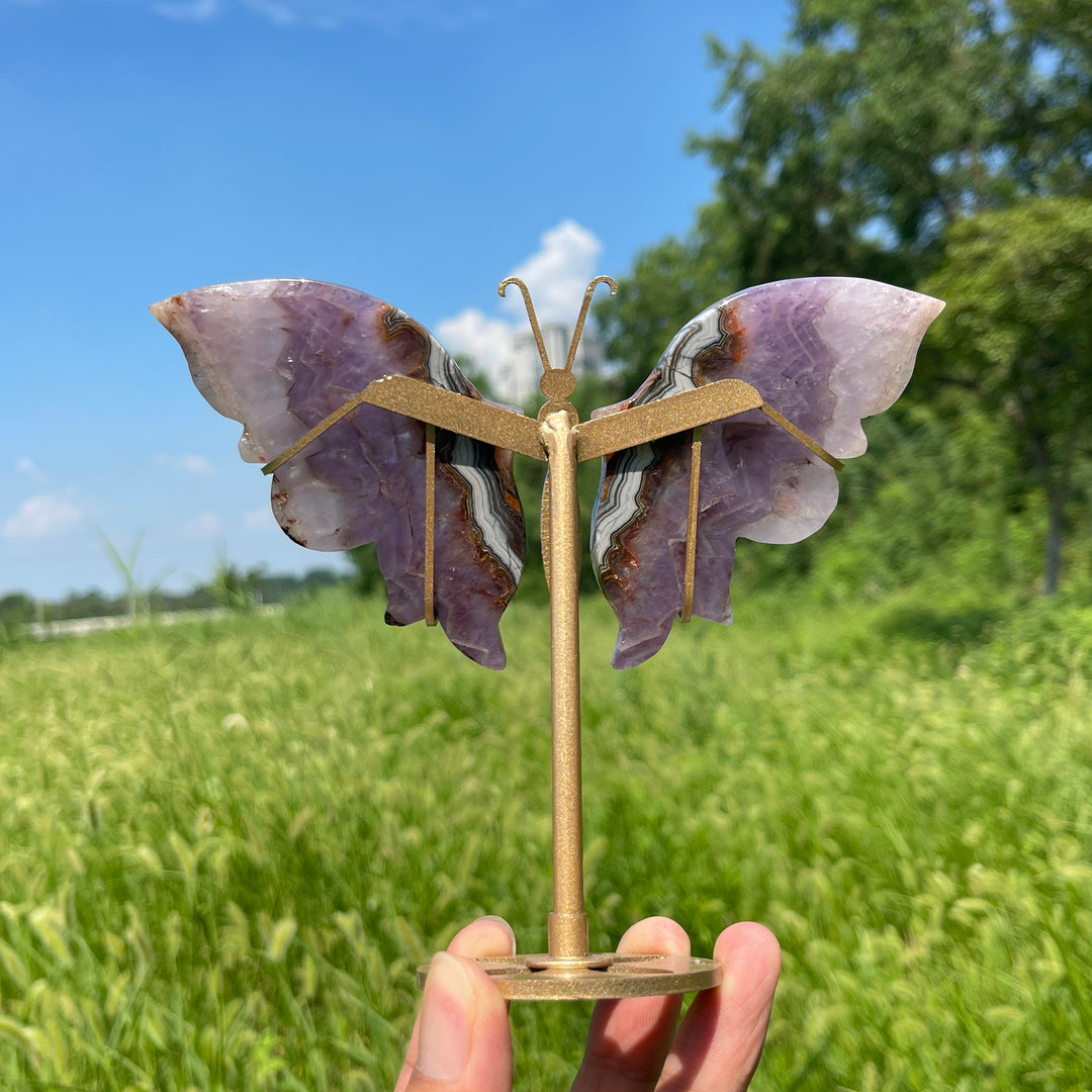 Unique,A Slightly Imperfect Natural Amethyst Agate Butterfly Wing With Stand