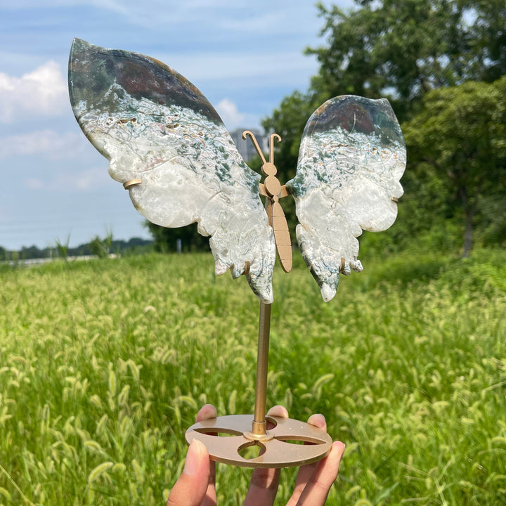 Unique,Natural Crystal Elegant Moss Agate Butterfly Wings