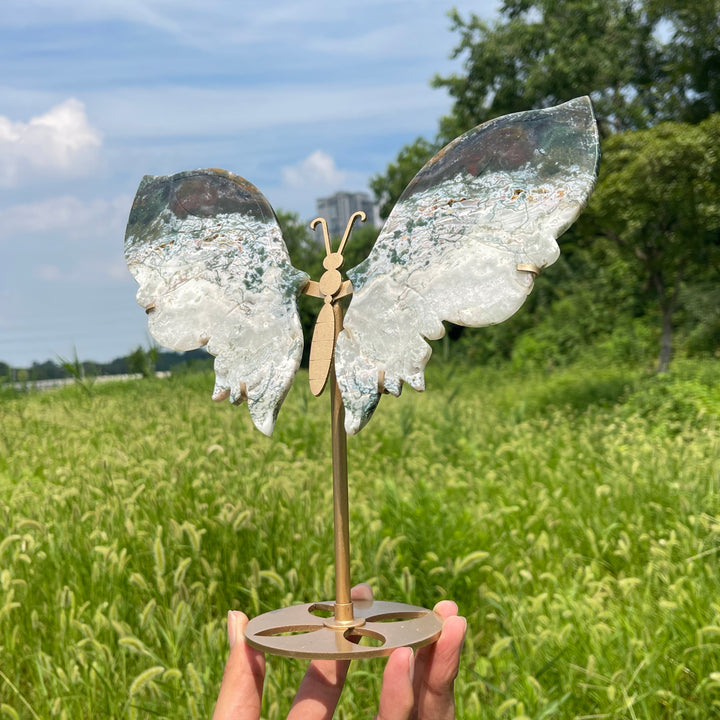 Unique,Natural Crystal Elegant Moss Agate Butterfly Wings