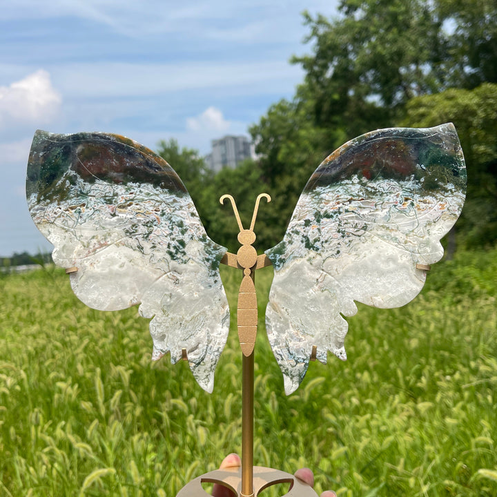 Unique,Natural Crystal Elegant Moss Agate Butterfly Wings