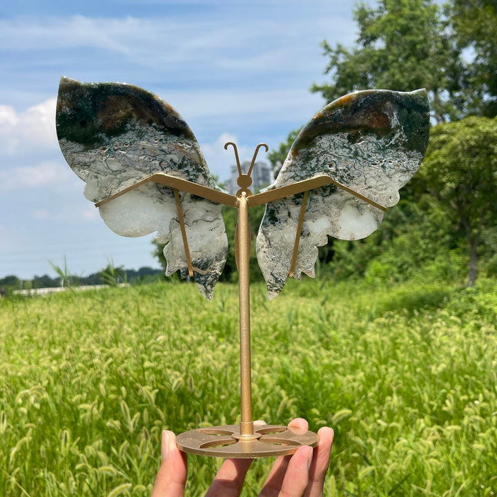 Unique,Natural Crystal Elegant Moss Agate Butterfly Wings