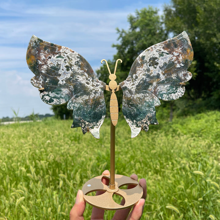 Unique,A Slightly Imperfect Natural Crystal Moss Agate Butterfly Wings With Stand