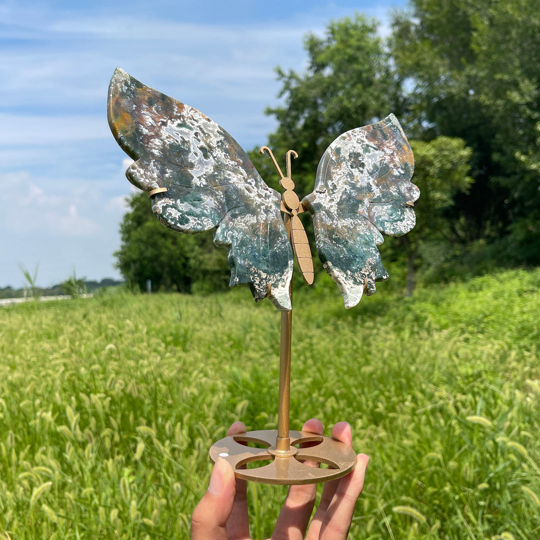 Unique,A Slightly Imperfect Natural Crystal Moss Agate Butterfly Wings With Stand