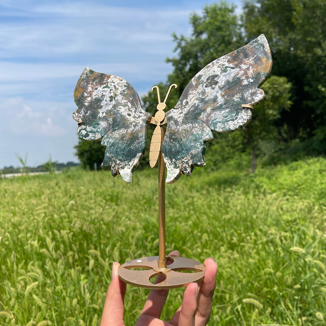 Unique,A Slightly Imperfect Natural Crystal Moss Agate Butterfly Wings With Stand