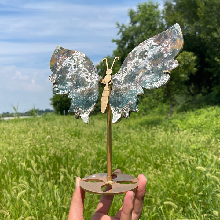 Unique,A Slightly Imperfect Natural Crystal Moss Agate Butterfly Wings With Stand