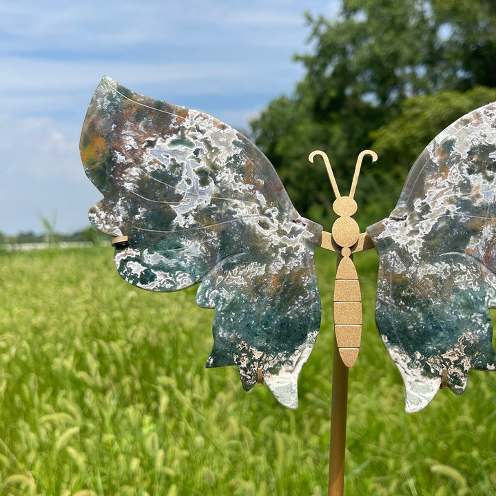 Unique,A Slightly Imperfect Natural Crystal Moss Agate Butterfly Wings With Stand