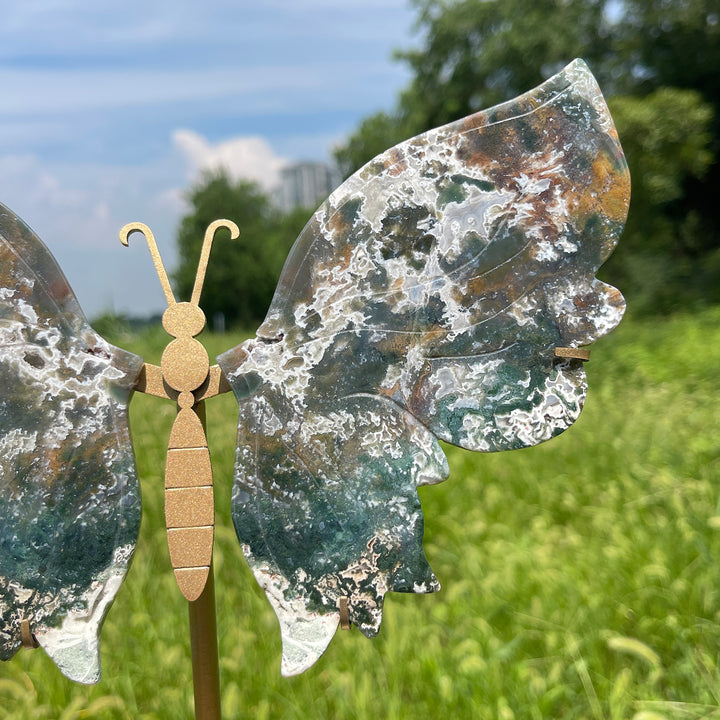 Unique,A Slightly Imperfect Natural Crystal Moss Agate Butterfly Wings With Stand