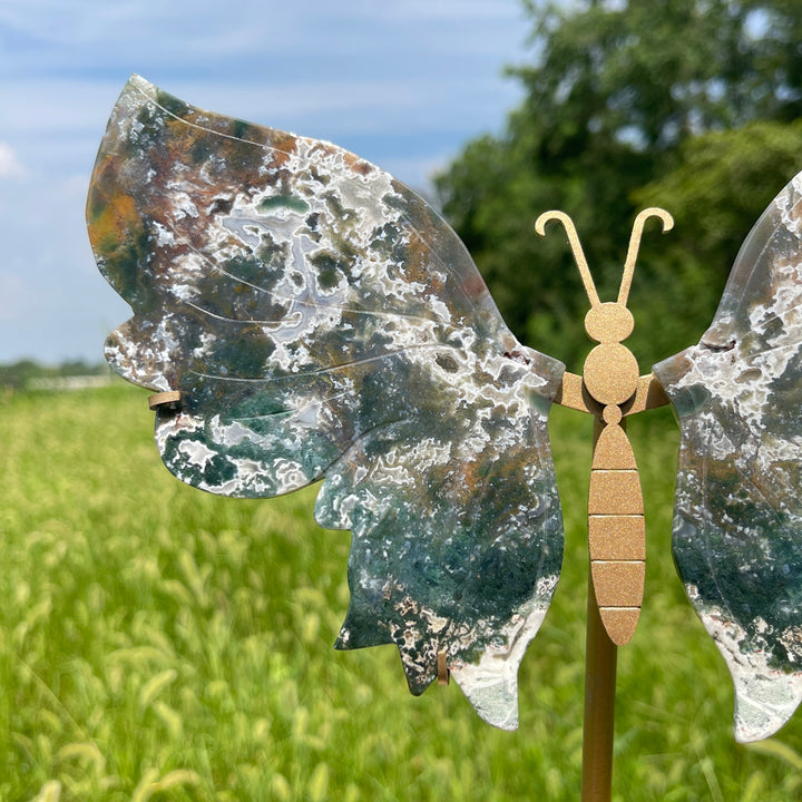Unique,A Slightly Imperfect Natural Crystal Moss Agate Butterfly Wings With Stand
