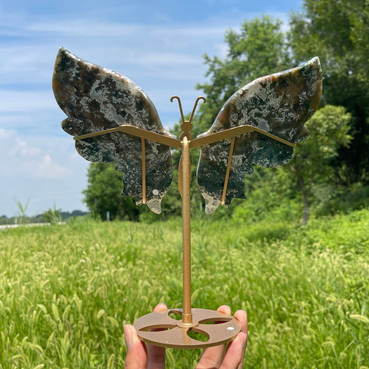 Unique,A Slightly Imperfect Natural Crystal Moss Agate Butterfly Wings With Stand