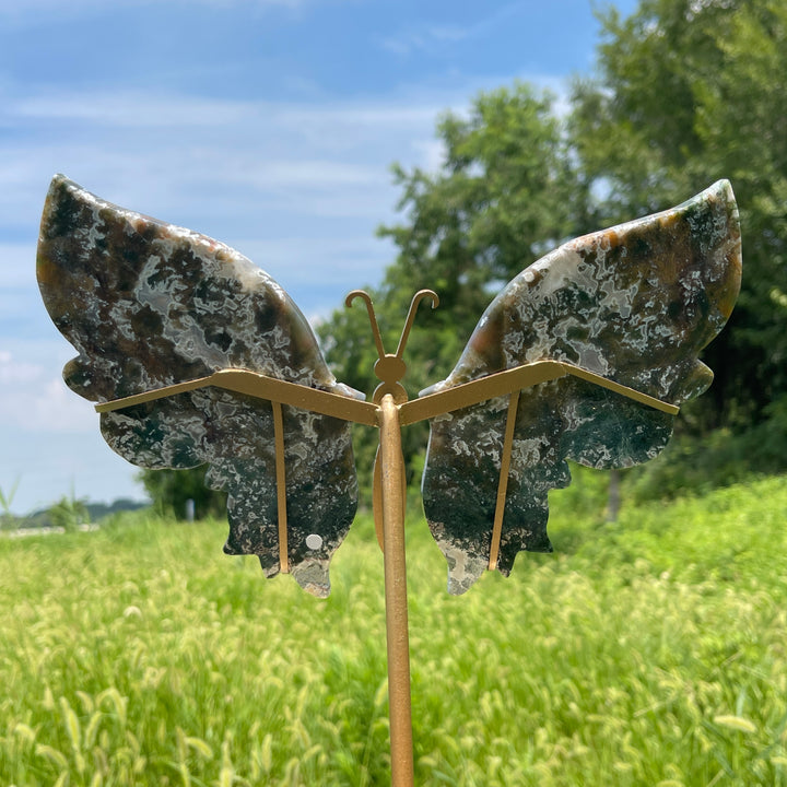 Unique,A Slightly Imperfect Natural Crystal Moss Agate Butterfly Wings With Stand