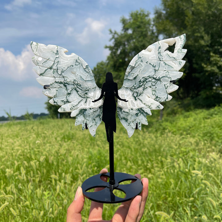 Unique,A Slightly Imperfect Natural Crystal Moss Agate Angel Wings With Stand
