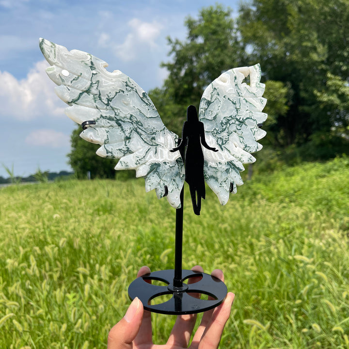 Unique,A Slightly Imperfect Natural Crystal Moss Agate Angel Wings With Stand
