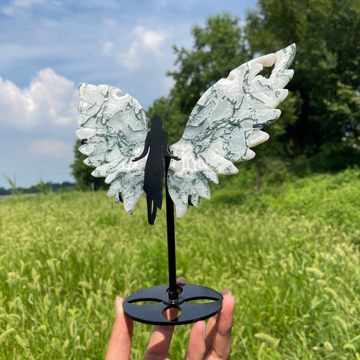 Unique,A Slightly Imperfect Natural Crystal Moss Agate Angel Wings With Stand
