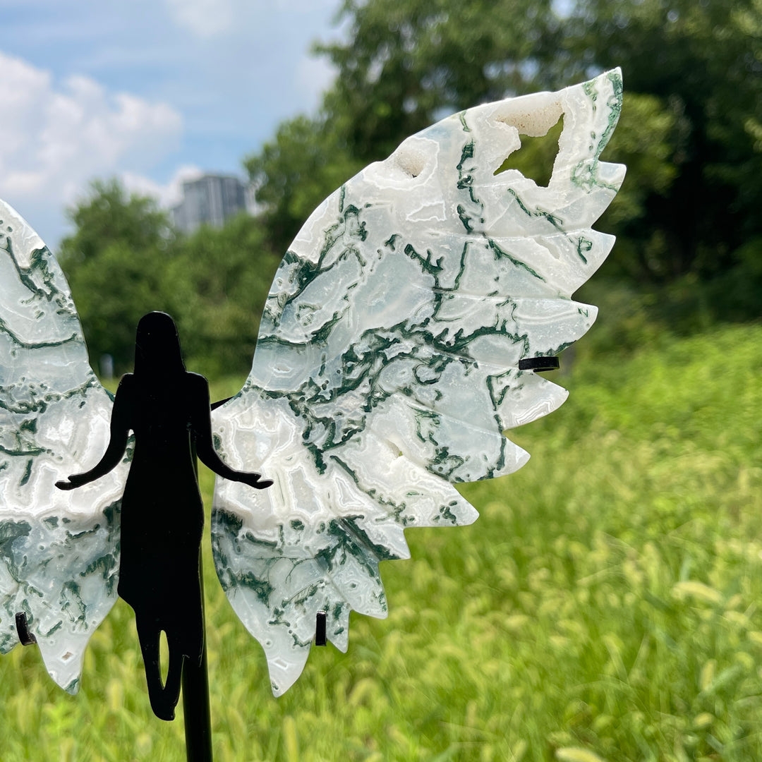 Unique,A Slightly Imperfect Natural Crystal Moss Agate Angel Wings With Stand
